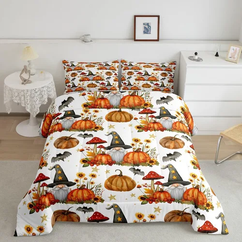 Miniatura 21 de Juego de edredón de calabaza para niños, con estampado de calabaza, estilo Halloween, juego de ropa de cama para niños, juego de ropa de cama