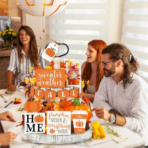 Miniatura 6 de Sumind Juego de 15 piezas de decoración de bandejas escalonadas de Acción de Gracias, decoraciones de otoño para el hogar, letreros de madera