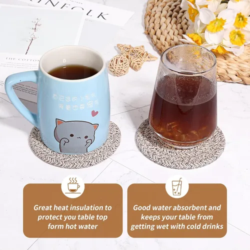 Miniatura 6 de Mckanti Paquete de 8 posavasos con soporte, posavasos absorbentes para mesa de café, juego de posavasos de algodón minimalista tejido