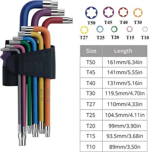 Miniatura 2 de Juego de llaves Allen de 9 piezas, juego de llaves Torx TRX estrella de colores T10, T15, T20, T25, T27, T30, T40, T45, T50 para ensamblaje