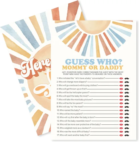 Sunshine Fill In Baby Shower Juego de cartas – Here Comes The Son – Juego de mamá o papá para niños – Anuncio de bebé revelación de género ¿Adivina
