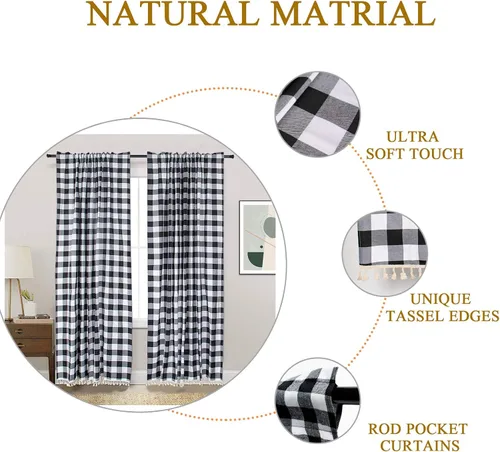 Miniatura 8 de ShinyBeauty Cortinas de cocina a cuadros negros de búfalo 2 paneles de cortinas opacas con borlas y bolsillo para barra, cortinas opacas de 63