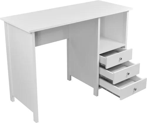 Miniatura 8 de Techni Mobili Escritorio blanco con cajones: escritorio de oficina pequeño con 3 cajones de gabinete, estante abierto y paneles de madera laminada