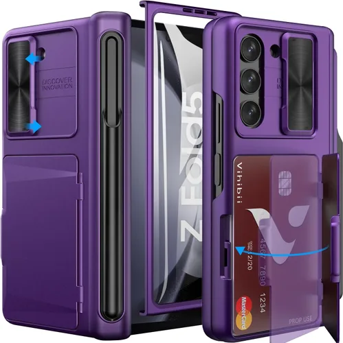 Miniatura 14 de Vihibii Funda para Samsung Galaxy Z Fold 5 con soporte para S Pen, tarjetero y cubierta de lente deslizante, protector de pantalla y protección