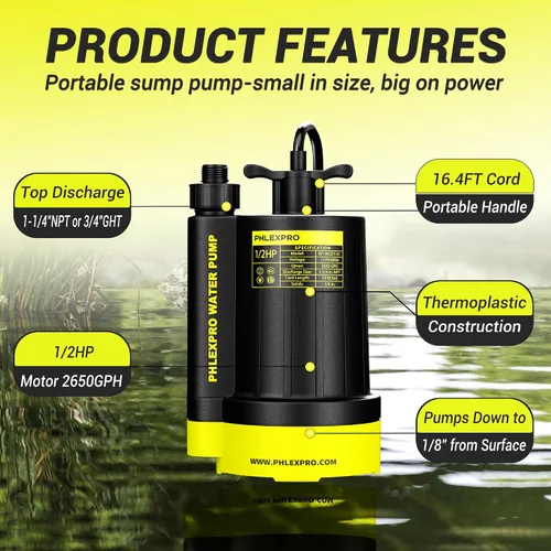 Miniatura 3 de Bomba de sumidero PHLEX PRO de 1/2HP - Bomba de agua sumergible de 2650GPH, bomba de utilidad termoplástica eléctrica portátil de transferencia