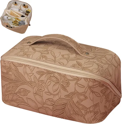 Bolsa de cosméticos de viaje, bolsa de maquillaje de viaje de gran capacidad, con compartimento, bolsa de maquillaje de piel sintética impermeable,