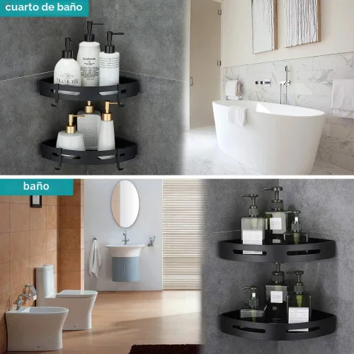 Miniatura 3 de Estante de esquina adhesivo para baño, organizador de ducha para cocina, inodoro, sin perforaciones, 2 niveles, estantes esquineros de baño