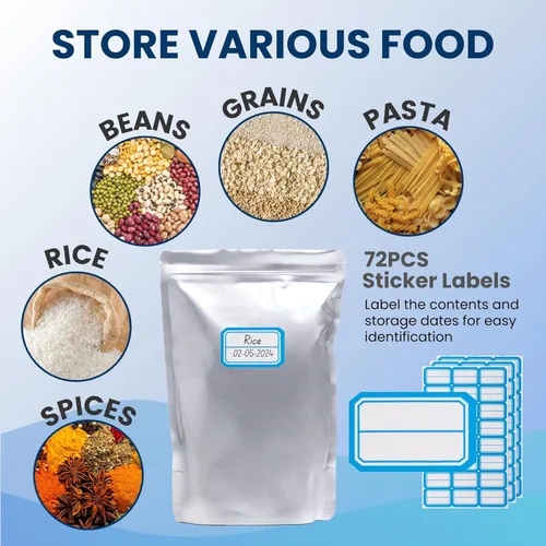 Miniatura 7 de 50 bolsas de Mylar de cuarto de galón para almacenamiento de alimentos, bolsas de Mylar de 0.394 in de grosor, 7 x 10 pulgadas, con absorbentes