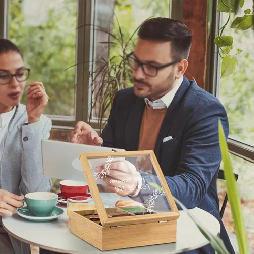 Miniatura 7 de Caja de té, almacenamiento de bolsas de té, organizador de bolsas de té de bambú, baúl moderno con 9 compartimentos y cubierta transparente