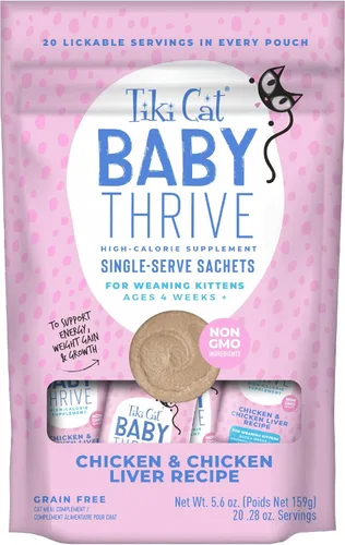 Tiki Cat Baby Thrive, hígado de pollo y pollo, alto en proteínas y sabroso, alimento húmedo para gatos para gatitos de más de 4 semanas, bolsas de
