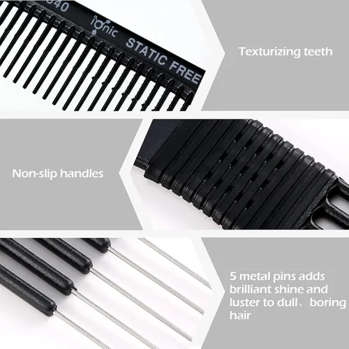 Miniatura 3 de Patelai 4 piezas de peine de carbono con punta de metal para levantar pelos y púas de peluquería con 5 pasadores de acero inoxidable para cabello