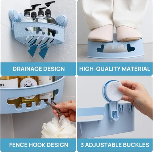 Miniatura 4 de LEVERLOC Organizador esquinero para ducha con ventosa, cesta de ducha potente con ventosa, organizador impermeable y resistente al óxido