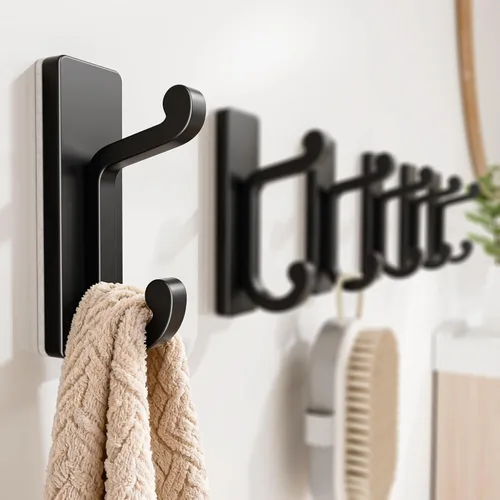 Miniatura 7 de Paquete de 6 ganchos negros autoadhesivos para pared, ganchos adhesivos para ropa, toallas, batas, llaves, bolso, mochila, ganchos resistentes