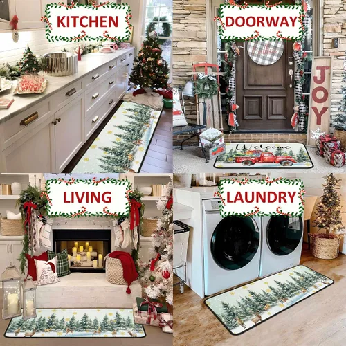 Miniatura 4 de Juego de 2 alfombras y tapetes de cocina navideñas para camiones, decoraciones navideñas para el hogar, antideslizantes con respaldo, alfombras