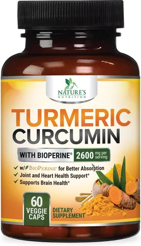 Suplemento de curcumina de cúrcuma de 2600 mg – 95% curcuminoides con cúrcuma orgánica y extracto de pimienta negra BioPerine para una mejor