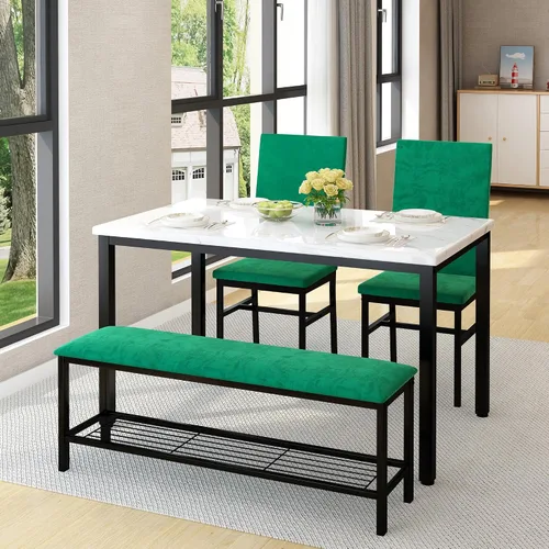 HUGROVE Juego de mesa de comedor de mármol sintético 47.2 para 4, sillas de mesa de cocina con sillas tapizadas de terciopelo, juego de mesa de Verde