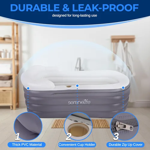 Miniatura 3 de SereneLife Bañera de spa con alfombrilla de masaje de burbujas – Bañera inflable con almohada, portavasos, control remoto para iluminación LED