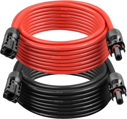 Cable de extensión solar 10AWG de 20 pies – Paquete de 2 cables fotovoltaicos rojos y negros con conectores solares, cobre estañado de 84 hebras,