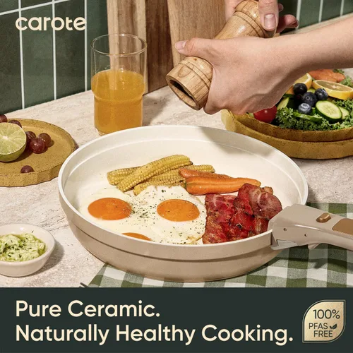 Miniatura 3 de CAROTE Juego de 18 piezas de batería de cocina de cerámica con revestimiento antiadherente de titanio con asas desmontables, batería de cocina