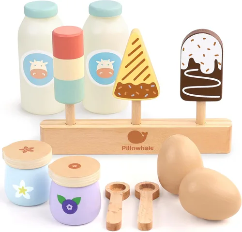 Miniatura 8 de Pillowhale Paquete de juego de café de madera 3 en 1 – Juego de simulación de cafetera, batidora manual y tostador emergente con accesorios