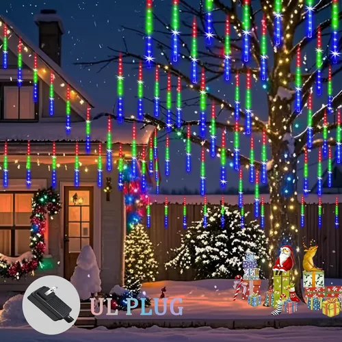 Miniatura 2 de Luces de lluvia de meteoros al aire libre, luces navideñas, 24 tubos, 576 LED, efecto de caída de nieve, lluvia en cascada, carámbanos, luz