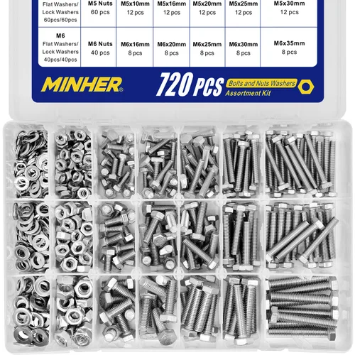 MINHER Kit surtido de 720 tornillos y tuercas M4 M5 M6, acero inoxidable 304 (18-8), tornillos hexagonales tuercas y arandelas, incluye 15 tamaños