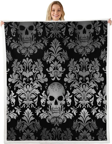 Manta de damasco gris para adultos de 40 x 50 pulgadas, barroco victoriano antiguo, forro polar floral vintage, calavera de azúcar exótica, Multi 33