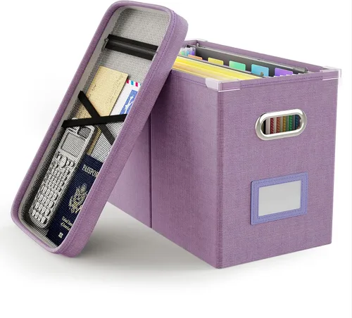 Miniatura 13 de Oterri Caja de archivos colgante con bolsillo de malla, caja organizadora de archivos con tapa, caja organizadora de documentos plegable