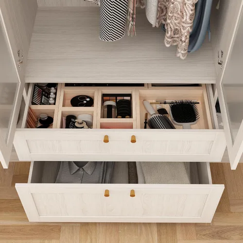 Miniatura 5 de Armario grande, armario de madera con puertas de vidrio esmerilado, armario para dormitorio con 2 cajones, barra para colgar y organizar