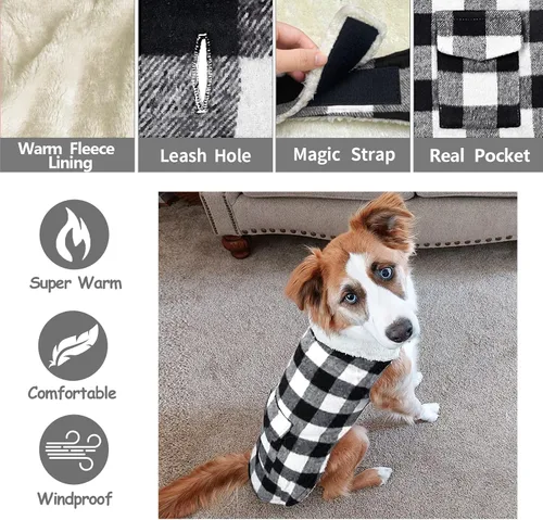 Miniatura 3 de Malier Abrigo de Invierno para Perro, Abrigo Clásico de Forro Polar a Cuadros para Clima Frío, Chaqueta para Perro con Bolsillo, Abrigo Cálido Blanco