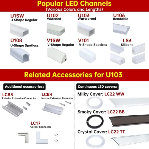 Miniatura 8 de Muzata Paquete de 6 canales LED plateados de 3.3 pies/3.3 ft, sin puntos en forma de U con cubierta difusora blanca lechosa esmerilada, pista