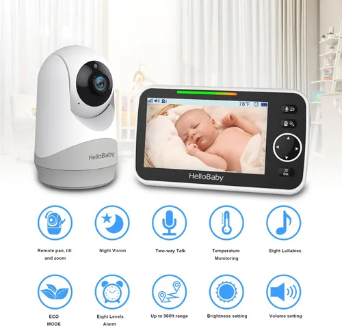Miniatura 2 de HelloBaby Monitor con cámara y audio, pantalla de 5'' con transmisión de video de 16 horas, cámara remota con panorámica-inclinación-zoom