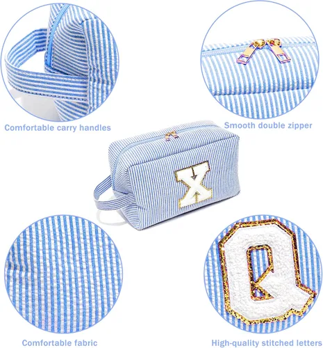 Miniatura 4 de Veki Bolsa de maquillaje Preppy para mujer, bolsas de cosméticos personalizadas con letra inicial con cremallera, bolsa pequeña de felpilla