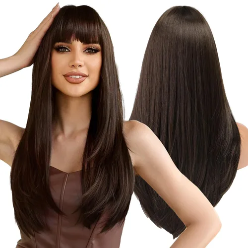 Miniatura 21 de Pelucas rubias cenizas para mujer, peluca larga recta en capas con flequillo, cabello sintético natural con raíces oscuras