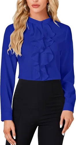 Miniatura 7 de LYANER - Blusa de cuello alto con botones, volantes en el frente, manga larga, camisa de trabajo para mujer