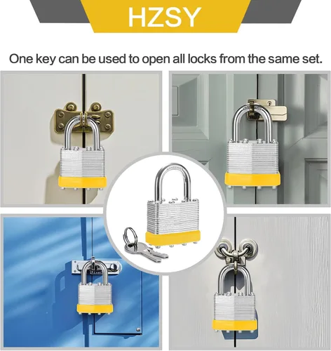 Miniatura 5 de Candados con llave similar, paquete de 6, cerradura con llave de acero laminado (1-9/16 pulgadas, 1.575 in), candados con la misma llave, grillete