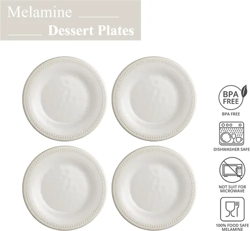 Miniatura 4 de UP UPware - Platos redondos de postre de melamina con cuentas, platos pequeños para servir, para aperitivos, aperitivos y guarniciones, crema, 6