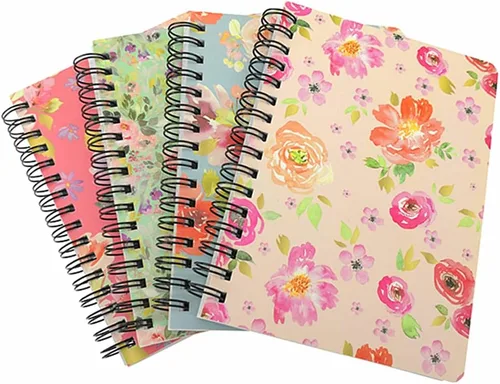 Paquete de 4 cuadernos en espiral A6, cuaderno de bocetos a rayas, cuaderno de notas, planificador de notas, tamaño A6 (5.7 x 4.1) y 80 hojas (flor