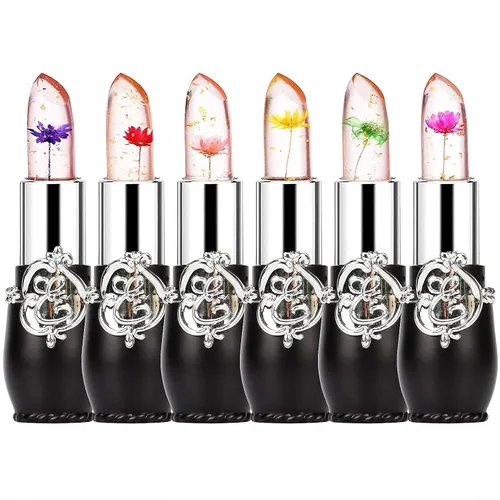 RanRui Crystal Flower Jelly - Lápiz labial de gelatina, paquete de 6, rosa, cambio de color de temperatura mágico, bálsamo labial nutritivo de larga
