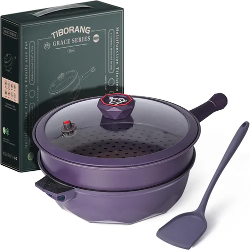 TIBORANG - Sartén antiadherente multiusos 8 en 1 de 11 pulgadas, 5 cuartos con tapa, rejilla para vapor, sin PFOA, apta para lavavajillas y horno,