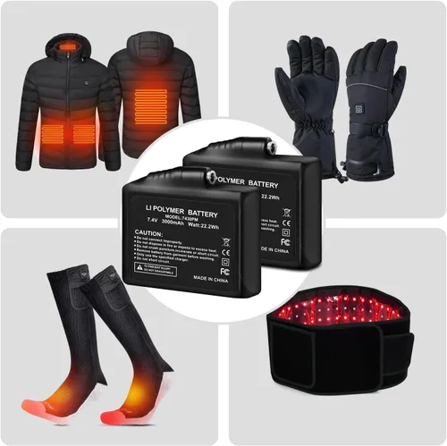 Miniatura 4 de Baterías recargables de polímero de litio de 7.4 V 3000 mAh para guantes calentados con batería, 2 baterías de polímero de litio para calcetines