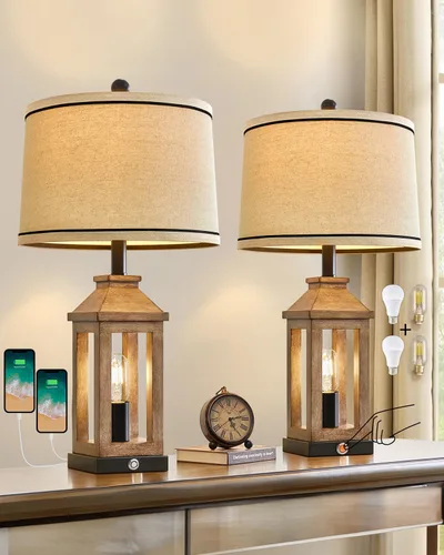 Miniatura 10 de G-SAFAVA Lámparas de mesa de granja de 23.75 pulgadas, puertos de carga USB A+C, lámpara de control táctil regulable de 3 vías, luz nocturna