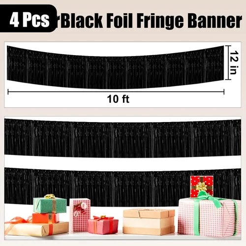 Miniatura 2 de Paquete de 4 guirnaldas de flecos de papel de aluminio negro de 10 pies con serpentinas metálicas de oropel para colgar en la pared, telón de fondo