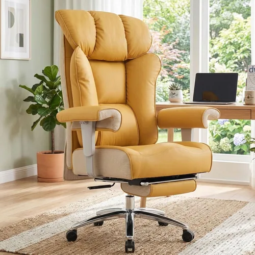 Miniatura 14 de Efomao Silla de oficina grande y alta con reposapiés, silla ejecutiva de respaldo alto de 450 libras con cojín de resorte, tapicería de piel Blanco