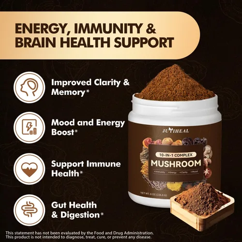Miniatura 2 de Polvo de hongos 10 en 1, complejo de hongos de 2000 mg - Melena de león, Reishi, Shiitake, Chaga, cola de pavo, Cordyceps, Maitake y más, mezcla