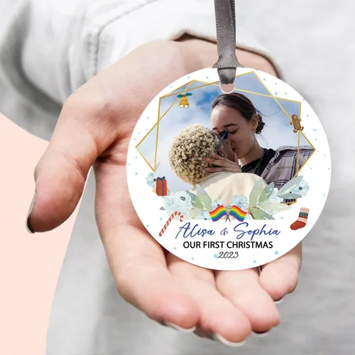 Miniatura 6 de Nombres de fotos personalizados, regalo de adorno de lesbianas gay, foto personalizada para parejas LGBT Gay Lesbianas Orgullo Arco Iris Ornamento