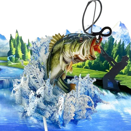 Tarjeta de felicitación desplegable 3D – Tarjeta de pesca hecha a mano con lubina saltarina y lago escénico – Día del Padre, cumpleaños, jubilación,