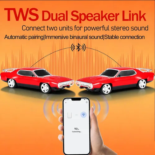 Miniatura 3 de WSTER Altavoz Bluetooth retro para automóvil con sonido estéreo HD, emparejamiento TWS, luces LED de fiesta, micrófono incorporado, altavoz Rojo
