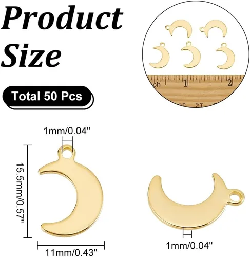 Miniatura 4 de UNICRAFTALE 50 dijes de luna de acero inoxidable, dijes dorados para hacer joyas, colgantes para collares, pulseras, aretes, manualidades, agujero