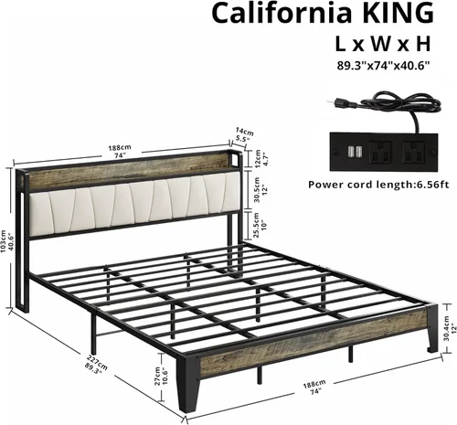 Miniatura 21 de LIKIMIO Base de cama Queen, cabecera de almacenamiento con estación de carga, sólida y estable, sin ruido, no necesita somier, fácil montaje Vintage